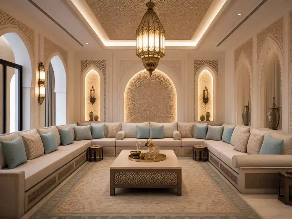 كنب نظيف ومعقم في مجلس إماراتي فاخر، يعكس جودة خدمة شركة تنظيف كنب في الامارات وأسعارها التنافسية.